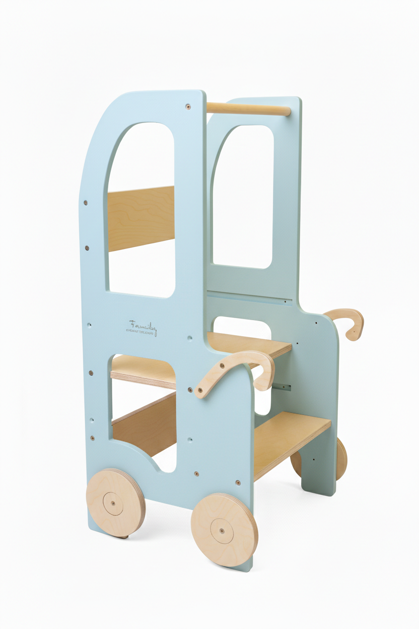Changing heights kitchen step stool trolley – handcrafted kids’ furniture