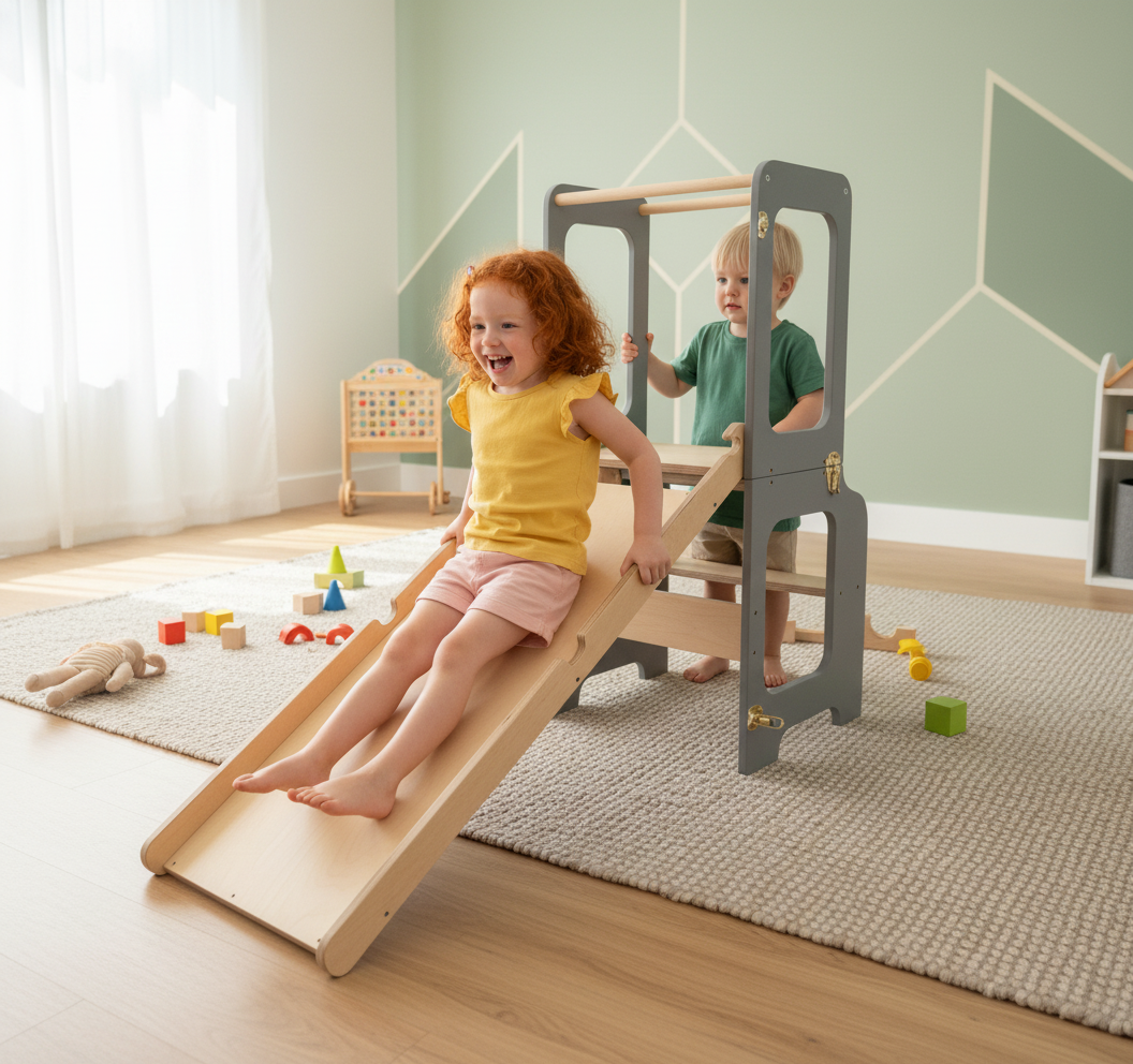 Creative towers slide and blackboard – handcrafted kids’ furniture